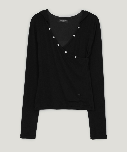 GROWHIDE(グロウハイド)の「ブチルボタンVラップフード長袖Tシャツ_ブラック(Tシャツ/カットソー・レディース・ブラック・FREE)」の6枚目の写真