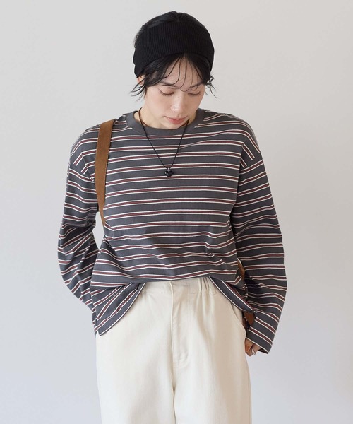 HEART MARKET(ハートマーケット)の「ワイドなボーダーロンT(Tシャツ/カットソー・レディース・グリーン/チャコール/ナチュラル/ミント/ブラック/オレンジ/レッド/カーキ・LL/LARGE/MEDIUM)」の8枚目の写真