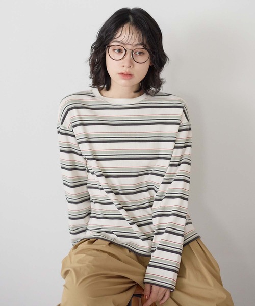 HEART MARKET(ハートマーケット)の「ワイドなボーダーロンT(Tシャツ/カットソー・レディース・グリーン/チャコール/ナチュラル/ミント/ブラック/オレンジ/レッド/カーキ・LL/LARGE/MEDIUM)」の5枚目の写真