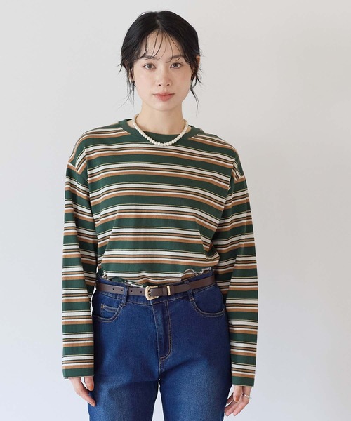 HEART MARKET(ハートマーケット)の「ワイドなボーダーロンT(Tシャツ/カットソー・レディース・グリーン/チャコール/ナチュラル/ミント/ブラック/オレンジ/レッド/カーキ・LL/LARGE/MEDIUM)」の6枚目の写真