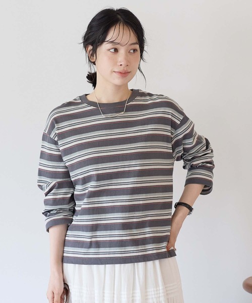 HEART MARKET(ハートマーケット)の「ワイドなボーダーロンT(Tシャツ/カットソー・レディース・グリーン/チャコール/ナチュラル/ミント/ブラック/オレンジ/レッド/カーキ・LL/LARGE/MEDIUM)」の3枚目の写真