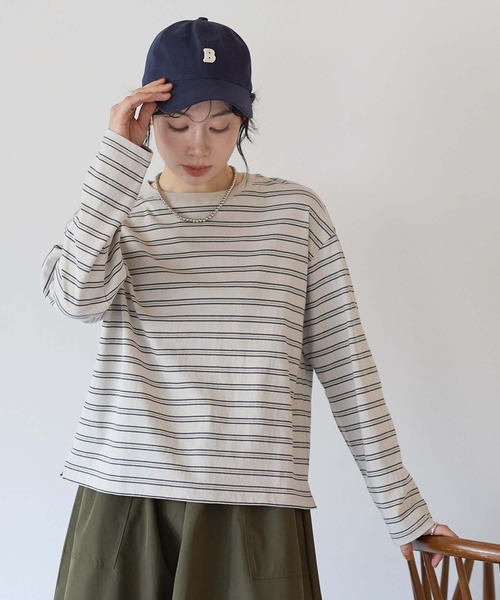 HEART MARKET(ハートマーケット)の「ワイドなボーダーロンT(Tシャツ/カットソー・レディース・グリーン/チャコール/ナチュラル/ミント/ブラック/オレンジ/レッド/カーキ・LL/LARGE/MEDIUM)」の7枚目の写真