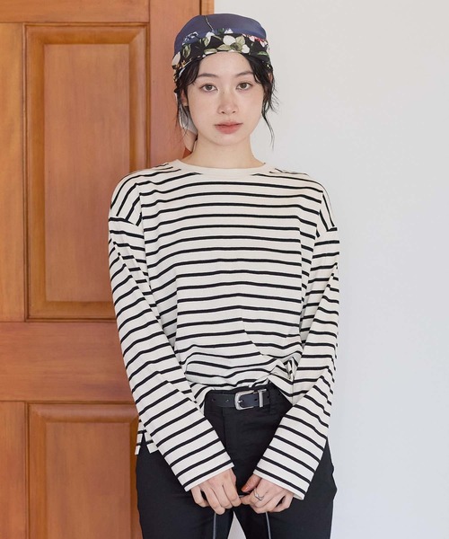HEART MARKET(ハートマーケット)の「ワイドなボーダーロンT(Tシャツ/カットソー・レディース・グリーン/チャコール/ナチュラル/ミント/ブラック/オレンジ/レッド/カーキ・LL/LARGE/MEDIUM)」の2枚目の写真