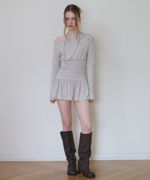 Tie Off Shoulder Mini Dress [Beige]