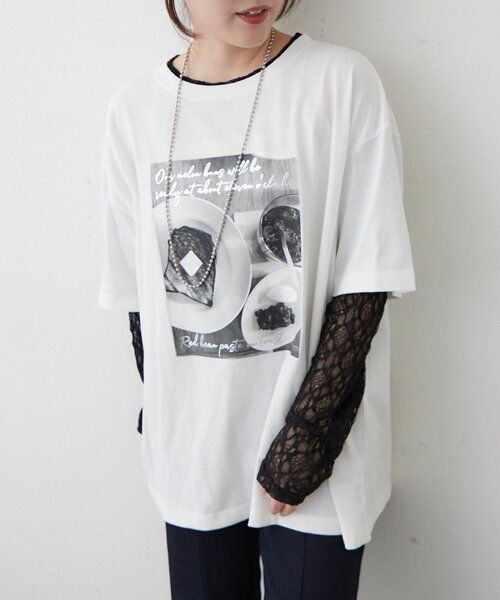Remind me and forever(リマインドミーアンドフォーエバー)の「袖レース転写大人Tシャツ(Tシャツ/カットソー・レディース・チャコールグレー/オフホワイト・FREE)」の3枚目の写真
