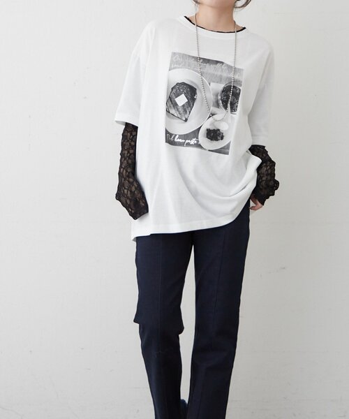 Remind me and forever(リマインドミーアンドフォーエバー)の「袖レース転写大人Tシャツ(Tシャツ/カットソー・レディース・チャコールグレー/オフホワイト・FREE)」の4枚目の写真