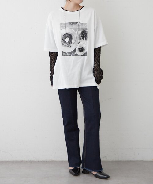Remind me and forever(リマインドミーアンドフォーエバー)の「袖レース転写大人Tシャツ(Tシャツ/カットソー・レディース・チャコールグレー/オフホワイト・FREE)」の5枚目の写真