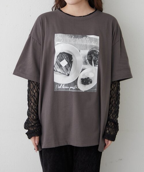 Remind me and forever(リマインドミーアンドフォーエバー)の「袖レース転写大人Tシャツ(Tシャツ/カットソー・レディース・チャコールグレー/オフホワイト・FREE)」の9枚目の写真