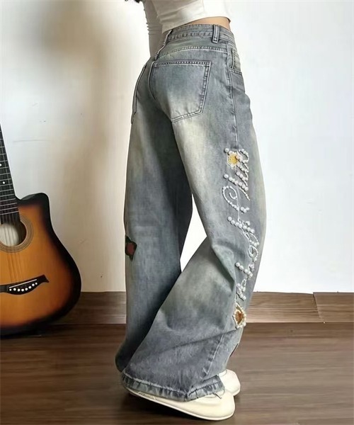 Dream garden（ドリームガーデン）の「パールモチーフ　花刺繍ワイドデニムパンツ（デニムパンツ・レディース・ブルー・2XL/M/S/XL）」の14枚目の写真