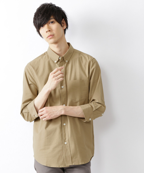 MONO-MART（モノマート）の「ボタンダウン ハイストレッチ オックスフォード シャツ(3/4スリーブ)（シャツ/ブラウス・メンズ・ブラック/オフホワイト/グレー/ブルー/ベージュ/ネイビー/オリーブドラブ/サックスブルー・L/XL/M）」の4枚目の写真