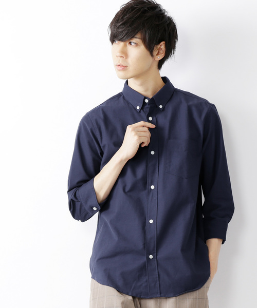 MONO-MART（モノマート）の「ボタンダウン ハイストレッチ オックスフォード シャツ(3/4スリーブ)（シャツ/ブラウス・メンズ・ブラック/オフホワイト/グレー/ブルー/ベージュ/ネイビー/オリーブドラブ/サックスブルー・L/XL/M）」の6枚目の写真