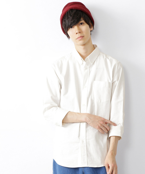 MONO-MART（モノマート）の「ボタンダウン ハイストレッチ オックスフォード シャツ(3/4スリーブ)（シャツ/ブラウス・メンズ・ブラック/オフホワイト/グレー/ブルー/ベージュ/ネイビー/オリーブドラブ/サックスブルー・L/XL/M）」の2枚目の写真