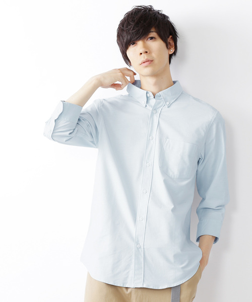 MONO-MART（モノマート）の「ボタンダウン ハイストレッチ オックスフォード シャツ(3/4スリーブ)（シャツ/ブラウス・メンズ・ブラック/オフホワイト/グレー/ブルー/ベージュ/ネイビー/オリーブドラブ/サックスブルー・L/XL/M）」の7枚目の写真