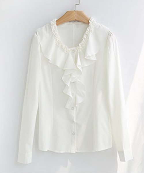 Lace Ladies（レースレディース）の「クルーネック長袖フリル付き無地ブラウス シャツ（シャツ/ブラウス・レディース・ホワイト・L/M/S/XL/XXL）」の10枚目の写真