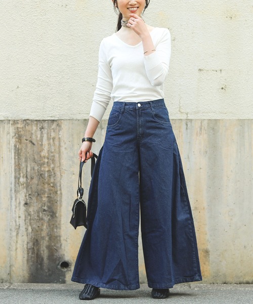 Fashion Letter（ファッションレター）の「ロング丈デニムバギーパンツ（デニムパンツ・レディース・ネイビー/ブルー・M/L）」の7枚目の写真