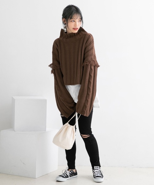Newlyme(ニューリーミー)の「ワイドリブフリンジニットトップス(ニット/セーター・レディース・ブラック/ブラウン/グレー/サンドベージュ/ピンクベージュ・MEDIUM/LARGE)」の16枚目の写真