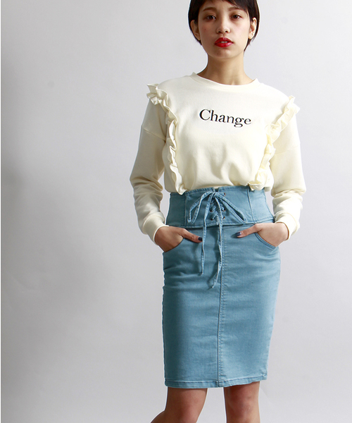 WEGO(ウィゴー)の「WEGO/レースアップペンシルスカート(デニムスカート・レディース・インディゴブルー/ライトインディゴブルー・FREE)」の1枚目の写真