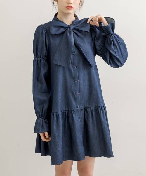 OLIVE des OLIVE（オリーブデオリーブ）の「ボウタイチュニックワンピ（ワンピース・レディース・ベージュ/オフホワイト/ワンウォッシュ・FREE）」の3枚目の写真