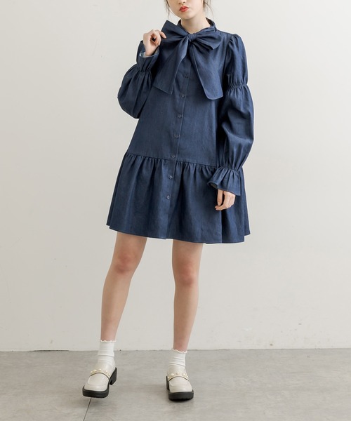 OLIVE des OLIVE（オリーブデオリーブ）の「ボウタイチュニックワンピ（ワンピース・レディース・ベージュ/オフホワイト/ワンウォッシュ・FREE）」の11枚目の写真