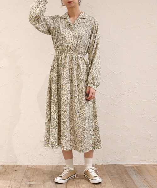 sango（sango）の「デシン小花柄プリントパイピング開襟ワンピース（ワンピース・レディース・ベージュ/グリーン/ブラック・FREE）」の6枚目の写真