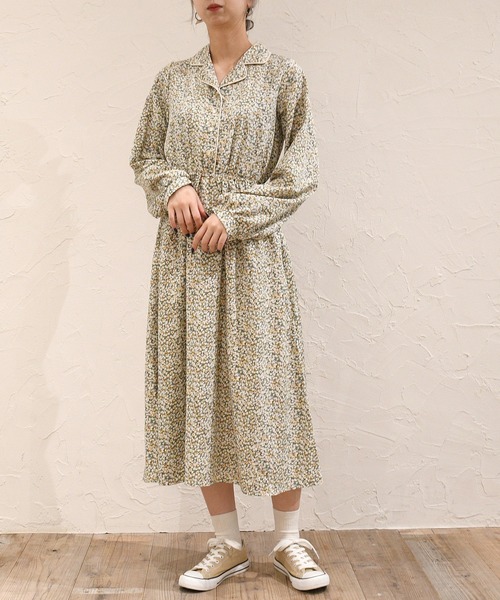 sango（sango）の「デシン小花柄プリントパイピング開襟ワンピース（ワンピース・レディース・ベージュ/グリーン/ブラック・FREE）」の7枚目の写真