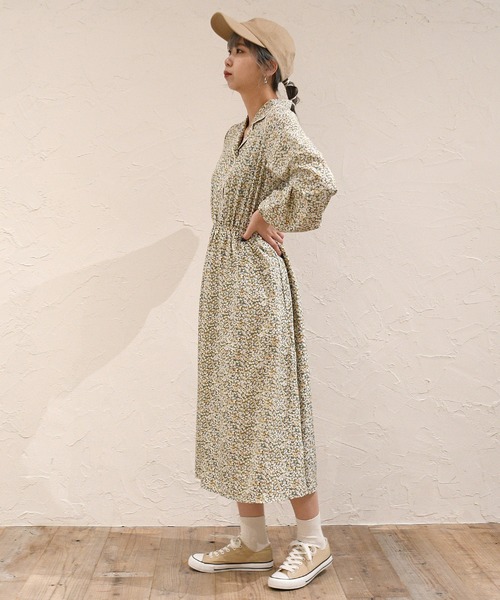 sango（sango）の「デシン小花柄プリントパイピング開襟ワンピース（ワンピース・レディース・ベージュ/グリーン/ブラック・FREE）」の9枚目の写真