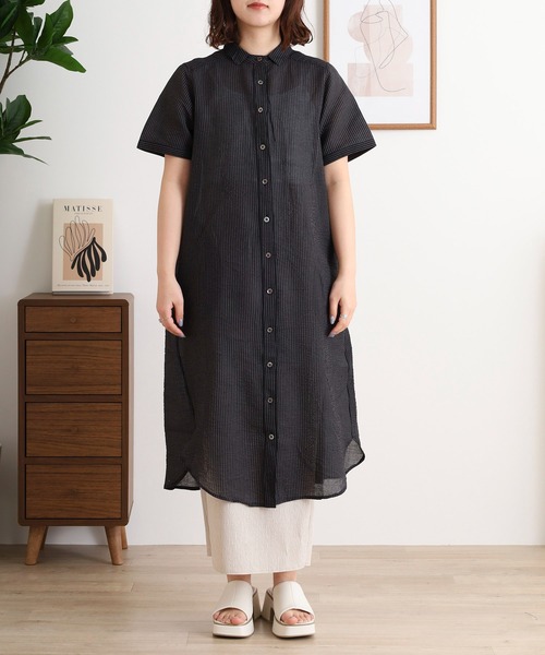 ubasoku(ウバソク)の「ubasoku 凸凹ストライプ柄 小襟 フロント部分パイピング配色 半袖ワンピース(ワンピース・レディース・ネイビー/カーキ/ストライプ・FREE)」の13枚目の写真