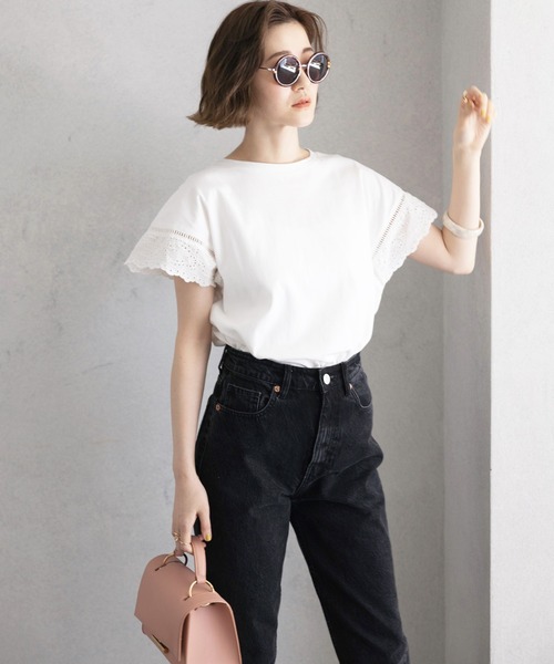 GeeRA(ジーラ)の「綿100%袖レースプルオーバー(Tシャツ/カットソー・レディース・ブラック/オフホワイト・LARGE/MEDIUM/X-LARGE)」の3枚目の写真