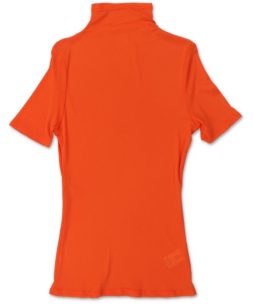 オレンジ ハイネック 半袖シャツ SPINNS（スピンズ）の「シアーカラータートルネック半袖カットソー（T