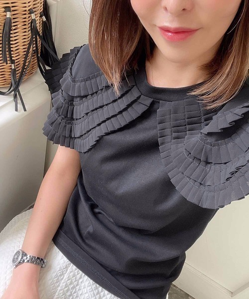 M y u(ミュー)の「BIGタックフリルカラー Tシャツ(Tシャツ/カットソー・レディース・ホワイト/ホワイト系1/ブラック系1/ブラック・FREE)」の8枚目の写真