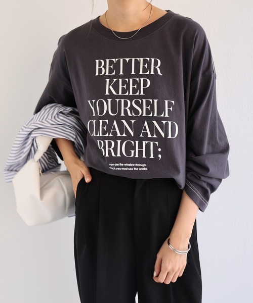 andme(アンドミー)の「オーバーサイズメッセージプリント長袖Tシャツ(Tシャツ/カットソー・レディース・ホワイト×グレー/チャコールグレー/パープル/ホワイト×ブラウン/ホワイト×パープル/ホワイト×グリーン・M)」の6枚目の写真