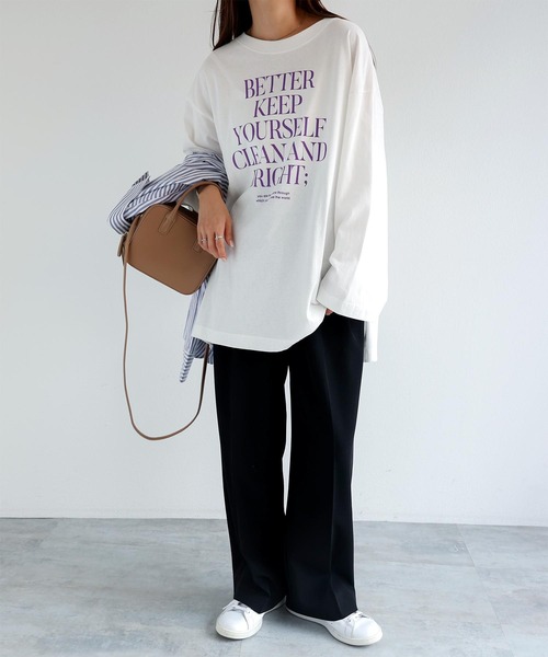 andme(アンドミー)の「オーバーサイズメッセージプリント長袖Tシャツ(Tシャツ/カットソー・レディース・ホワイト×グレー/チャコールグレー/パープル/ホワイト×ブラウン/ホワイト×パープル/ホワイト×グリーン・M)」の8枚目の写真