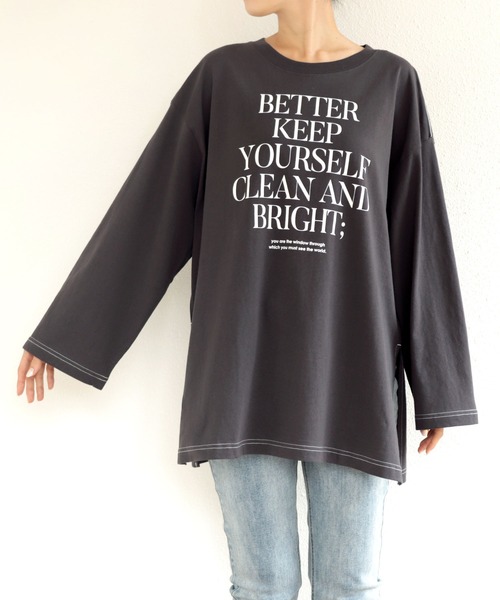 andme(アンドミー)の「オーバーサイズメッセージプリント長袖Tシャツ(Tシャツ/カットソー・レディース・ホワイト×グレー/チャコールグレー/パープル/ホワイト×ブラウン/ホワイト×パープル/ホワイト×グリーン・M)」の9枚目の写真
