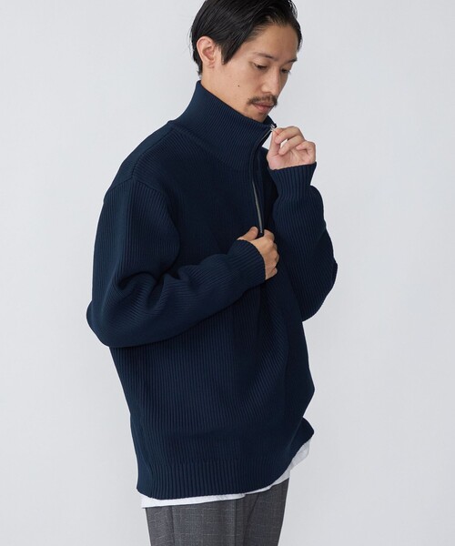 SHIPS(シップス)の「*SHIPS: 7ゲージ リラックスフィット 度詰め 畔編み ハーフジップ ニット(ニット/セーター)」|ネイビー