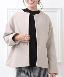 DRESKIP | ノーカラーウエスト切替ショートコート(ノーカラーコート)