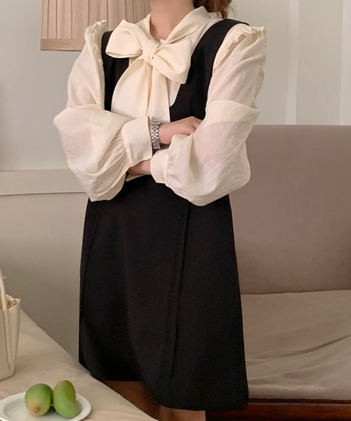 DAY CLOSET（デイ クローゼット）の「レディース ボウタイリボンブラウス+ワンピースセットアップ 2点セット（ワンピース・レディース・ブラック・ONE SIZE）」の3枚目の写真