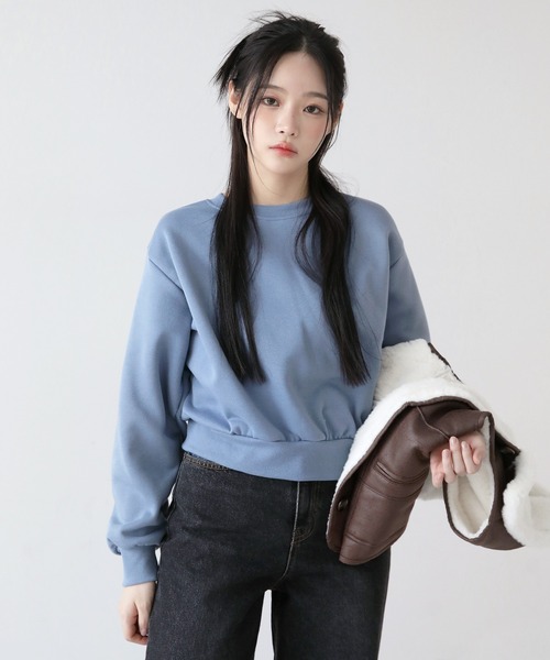 UNE MANSION（ユヌマンション）の「デイリーシンプルラウンドネッククロップドトレーナー（スウェット・レディース・ブラック/ネイビー/スカイブルー/グレー/イエロー/ミント/パープル/オートミール/ピンク・FREE）」の14枚目の写真