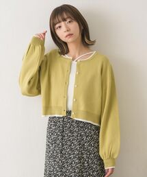 配色袖ボリュームニットカーデ