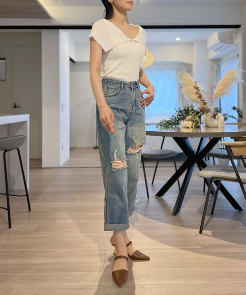 Jewelobe(ジュエローブ)の「ビッグカラーノースリーブニットトップス(Tシャツ/カットソー・レディース・ホワイト/ブラック・FREE)」の19枚目の写真