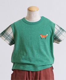 Hoppetta（ホッペッタ）の「【Hoppetta(ホッペッタ)】きつね刺繍チェックコンビTシャツ（Tシャツ/カットソー・キッズ）」