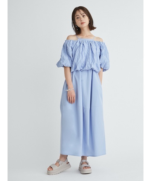 emmi(エミ)の「【emmi atelier】ワッシャーコンビコクーンワンピース(ワンピース・レディース・ブラウン/オフホワイト/ライトブルー・0/1)」の3枚目の写真