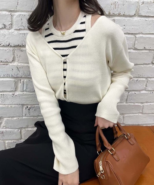 one after another NICE CLAUP(ワンアフターアナザーナイスクラップ)の「【WEB限定商品】アメスリニット×ニットカーディガンセット(アンサンブル・レディース・アイボリー/ブラック・FREE)」の6枚目の写真