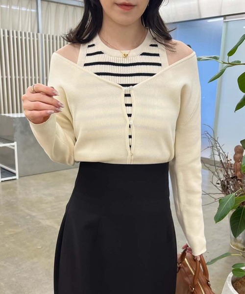 one after another NICE CLAUP(ワンアフターアナザーナイスクラップ)の「【WEB限定商品】アメスリニット×ニットカーディガンセット(アンサンブル・レディース・アイボリー/ブラック・FREE)」の3枚目の写真
