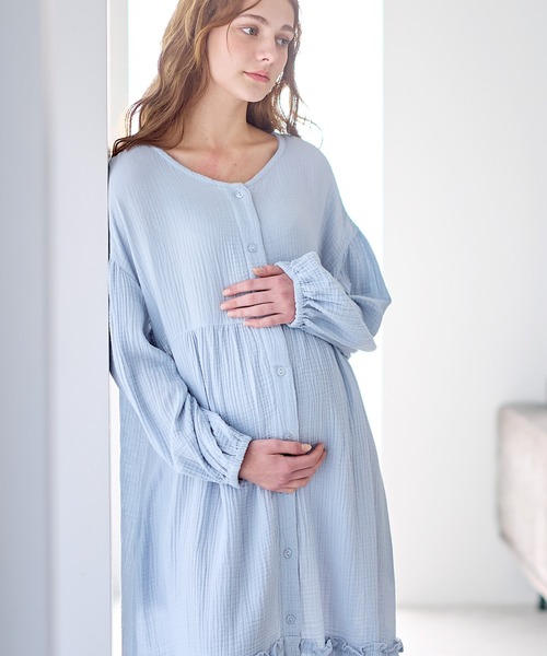 コットン100％ ダブルガーゼ ボリューム袖ネグリジェ/長袖ワンピース