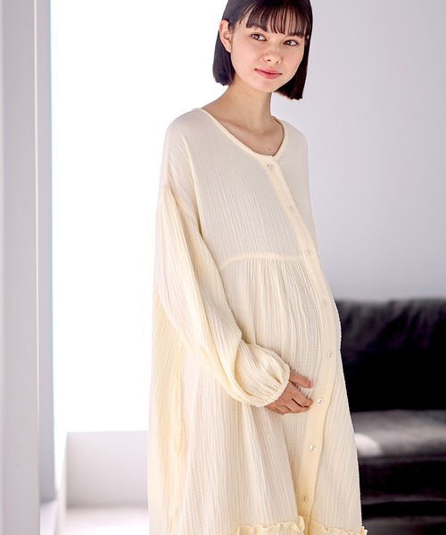 セール】コットン100％ ダブルガーゼ ボリューム袖ネグリジェ/長袖