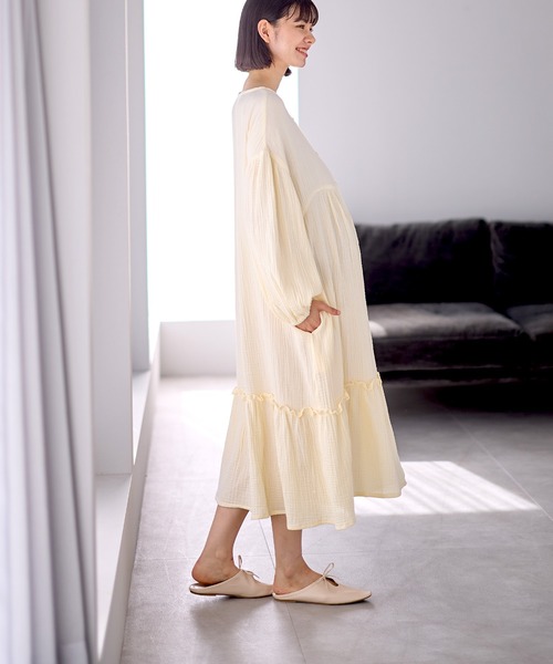 コットン100％ ダブルガーゼ ボリューム袖ネグリジェ/長袖ワンピース