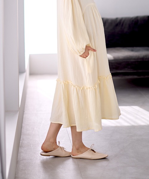 セール】コットン100％ ダブルガーゼ ボリューム袖ネグリジェ/長袖