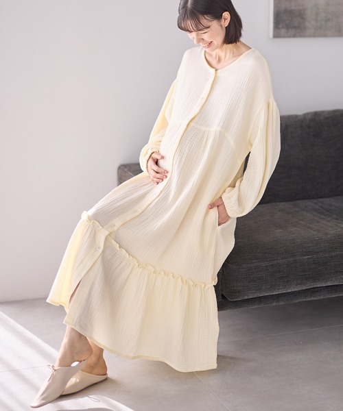 コットン100％ ダブルガーゼ ボリューム袖ネグリジェ/長袖ワンピース