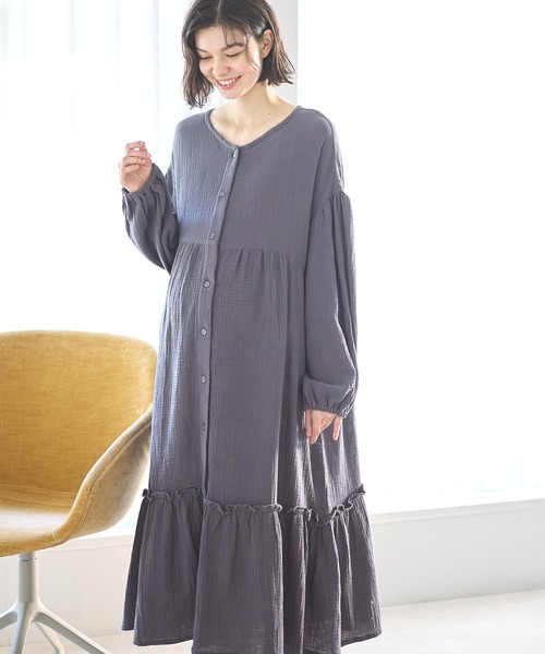 セール】コットン100％ ダブルガーゼ ボリューム袖ネグリジェ/長袖