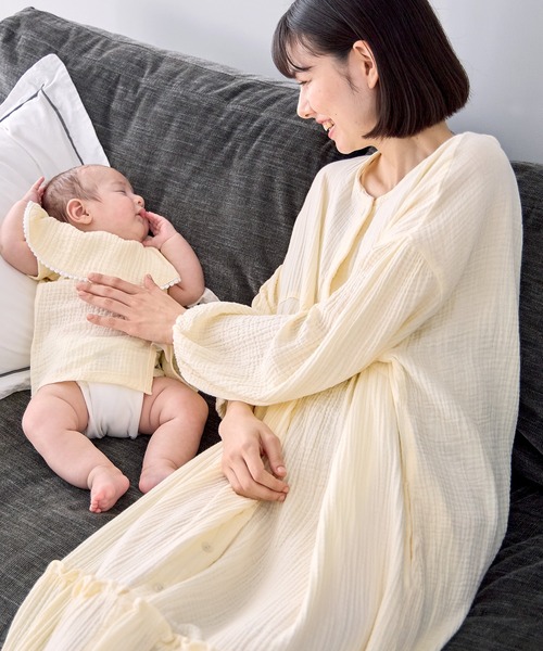 コットン100％ ダブルガーゼ ボリューム袖ネグリジェ/長袖ワンピース